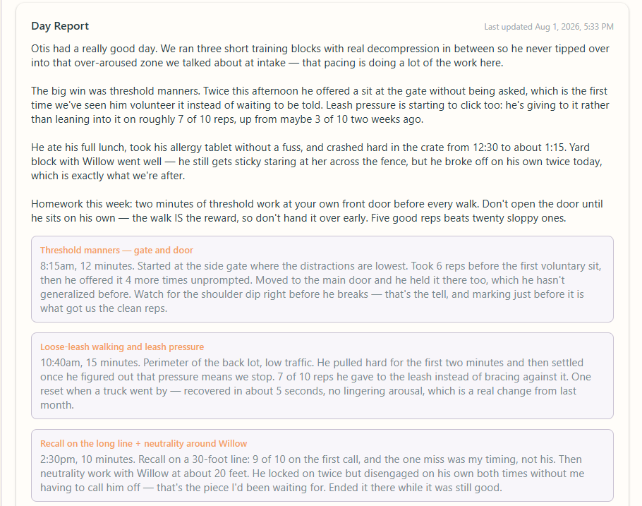 Client portal showing a dog's training day