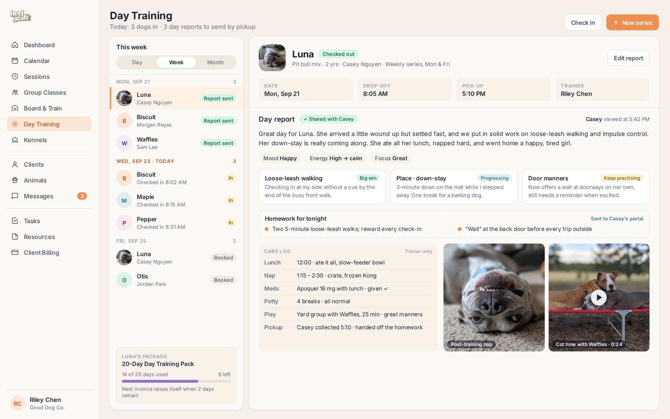 A day training roster beside a shared day report with skill progress, homework, a care log and photos