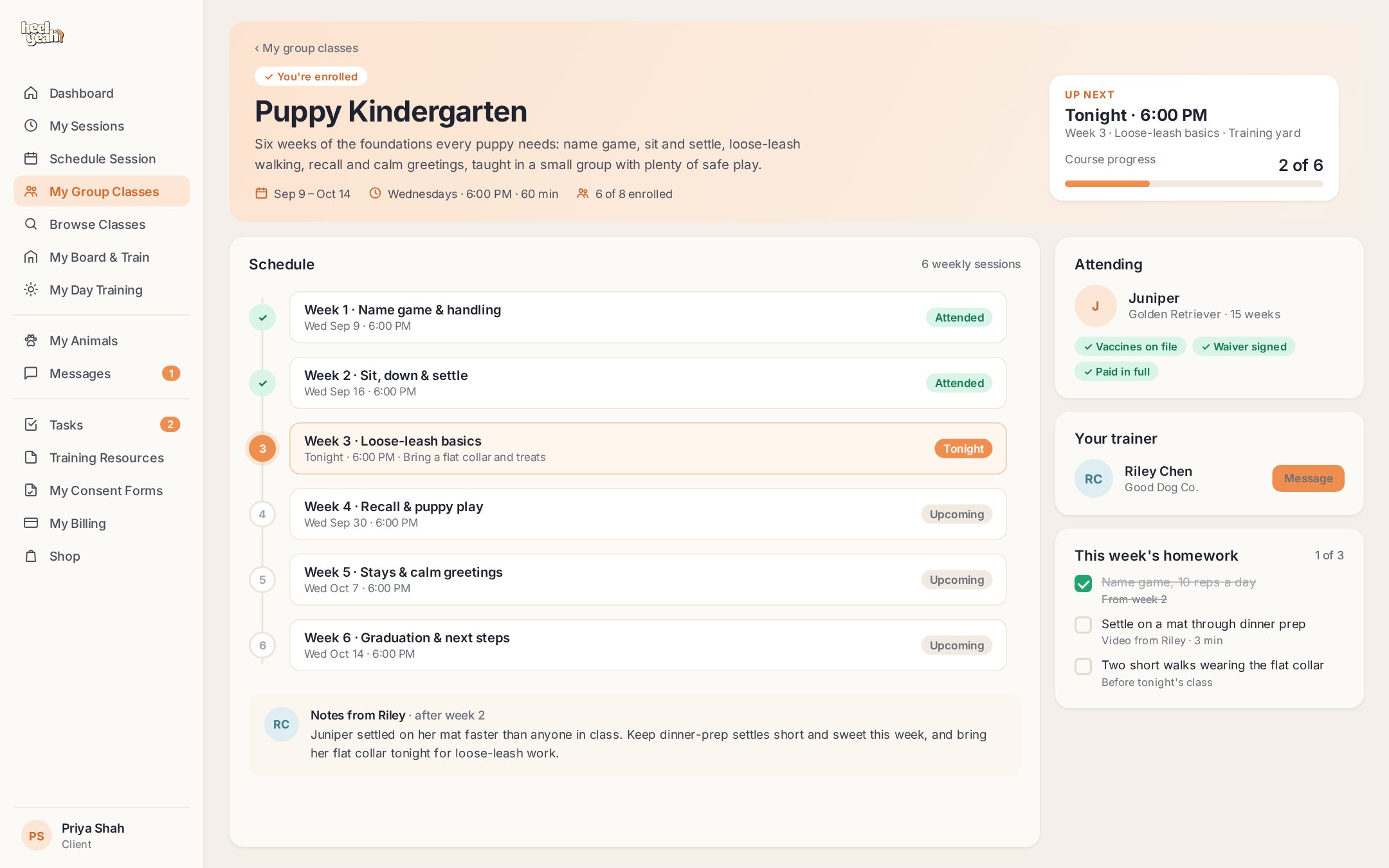 The client portal view of an enrolled puppy class: the weekly schedule, tonight's session, trainer notes and homework