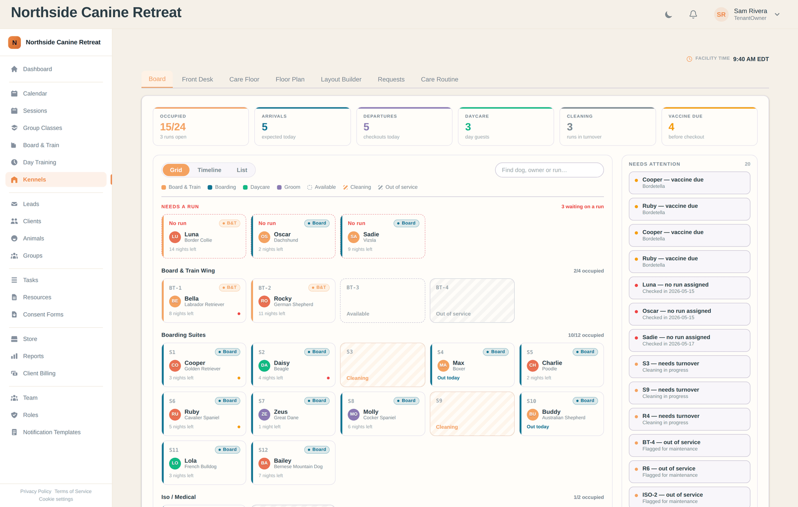 Live kennel board showing occupancy across every run, with a needs-attention rail