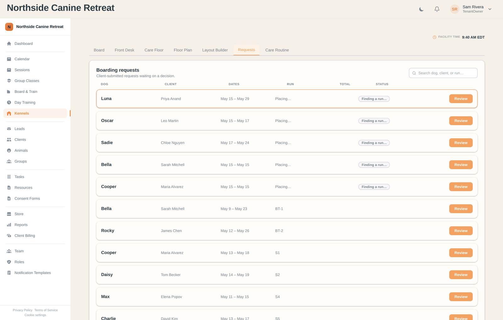 Boarding requests queue listing client-submitted stays awaiting a decision