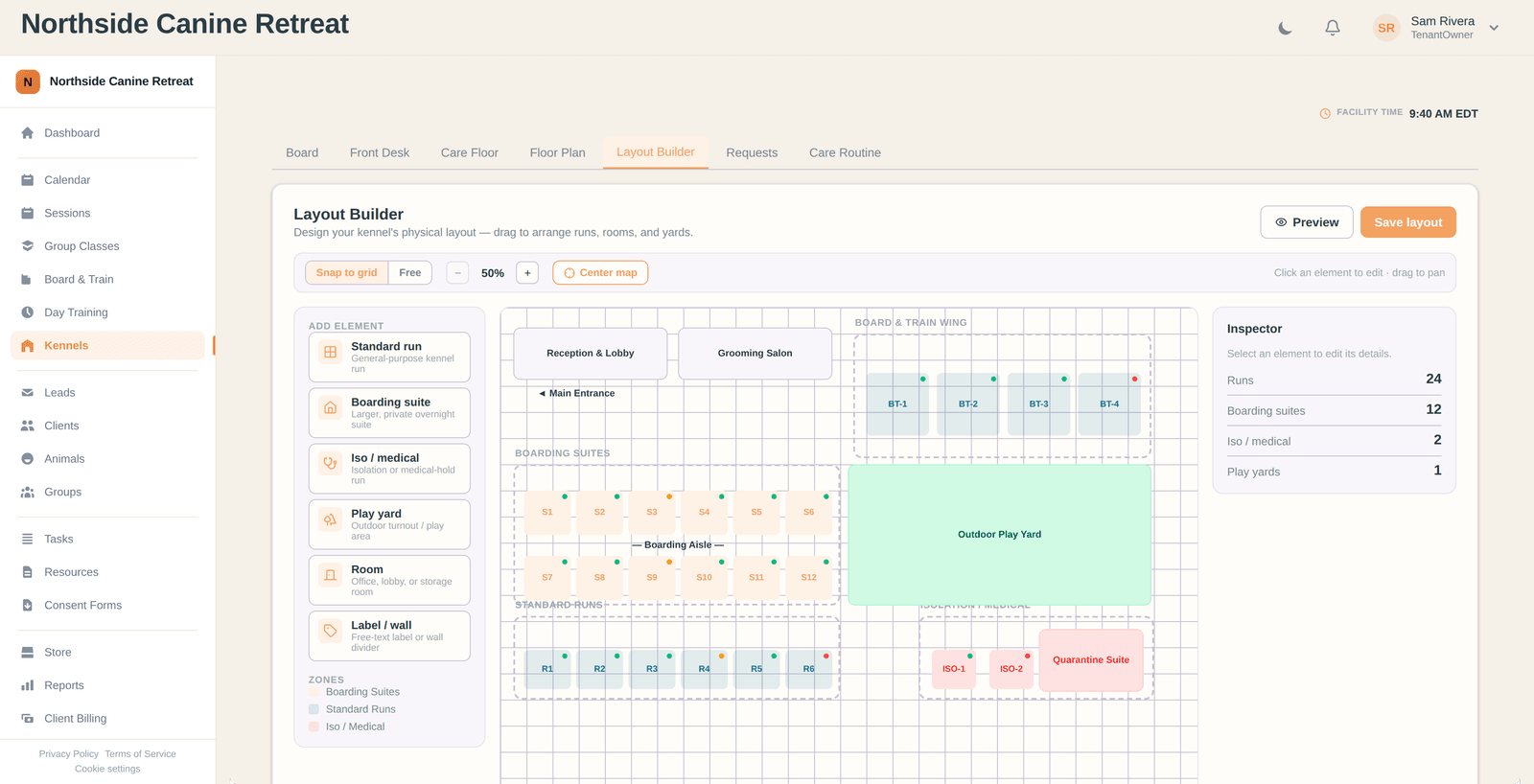 Interactive kennel layout builder with runs, boarding suites, isolation rooms and a play yard on a snapping grid