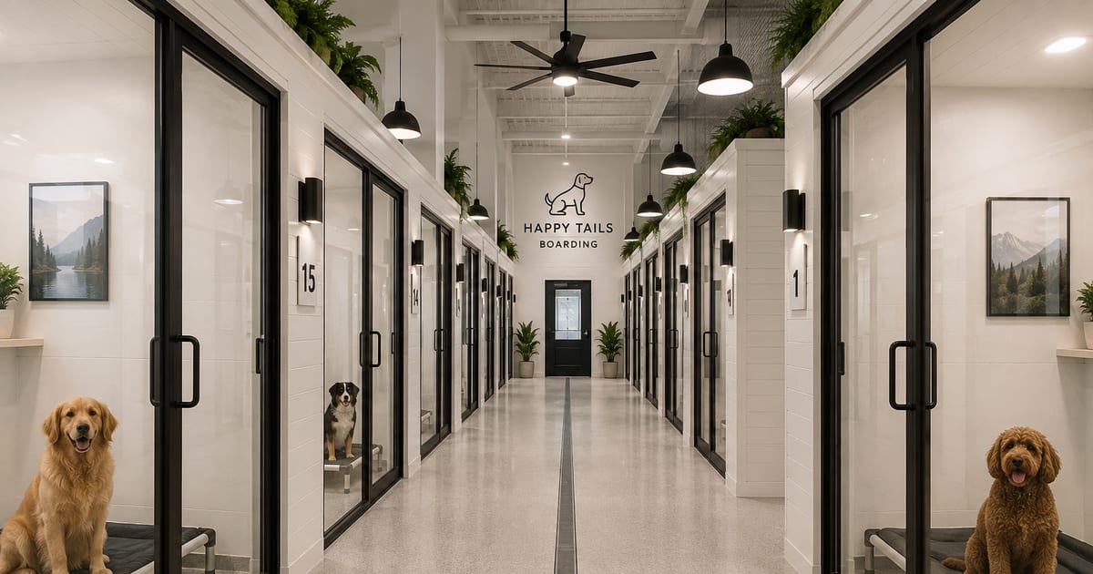 A dog boarding kennel aisle with numbered runs and dogs resting inside them