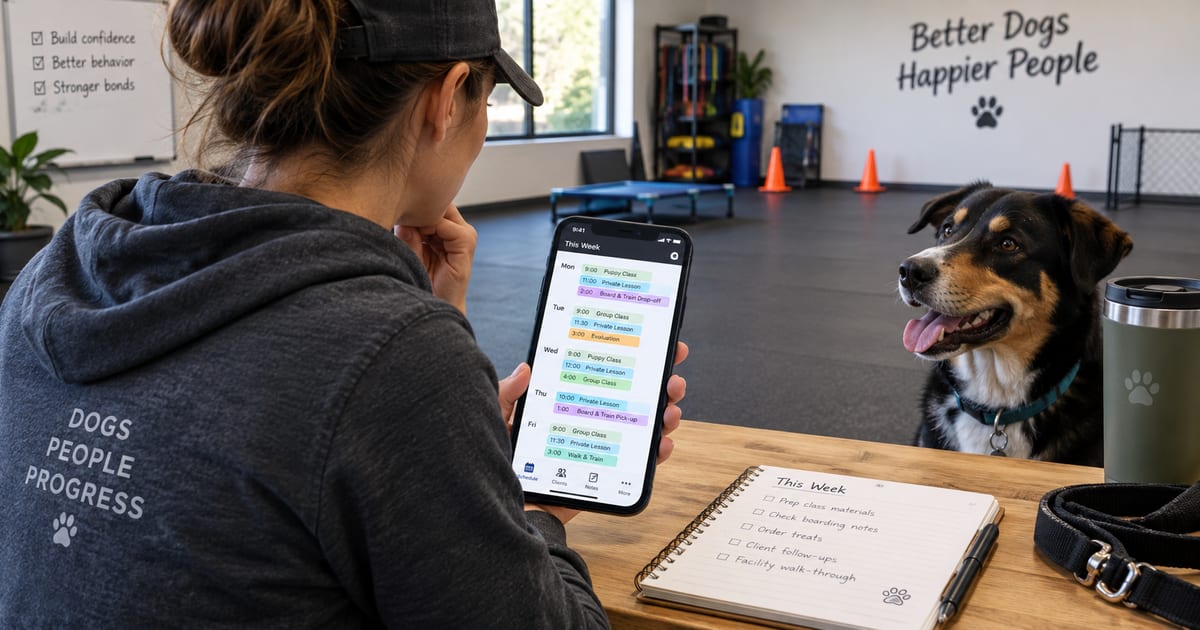 A dog trainer checking the week's schedule on a phone while a dog waits alongside