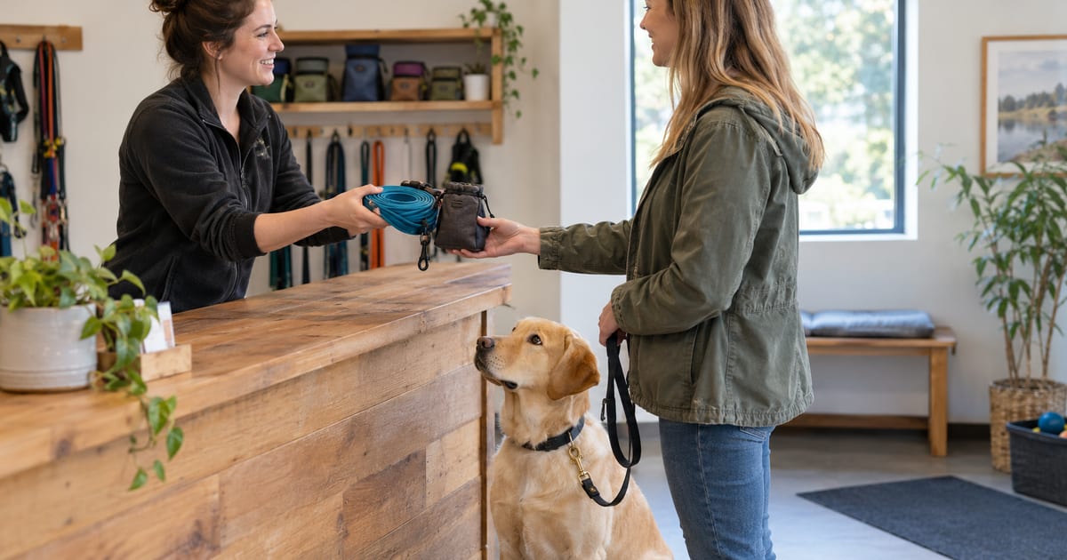 A dog trainer handing a coiled long line and a treat pouch across a counter to a client with a young dog on a leash
